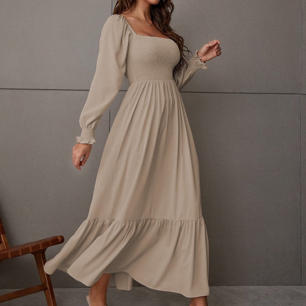 Khaki Boho Womens Square Neck Shirred Ruffle Hem Dress - Picture 4 of 5